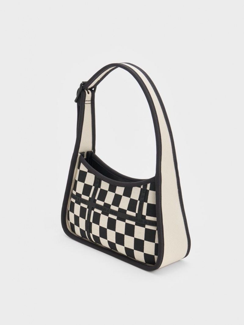 Charles And Keith Avenue Checkered Trapeze Shoulder Bags Black | PHILIPPINES Q209