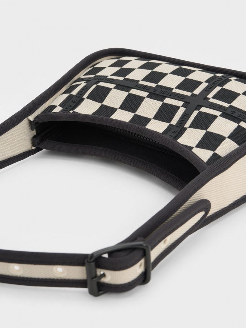 Charles And Keith Avenue Checkered Trapeze Shoulder Bags Black | PHILIPPINES Q209