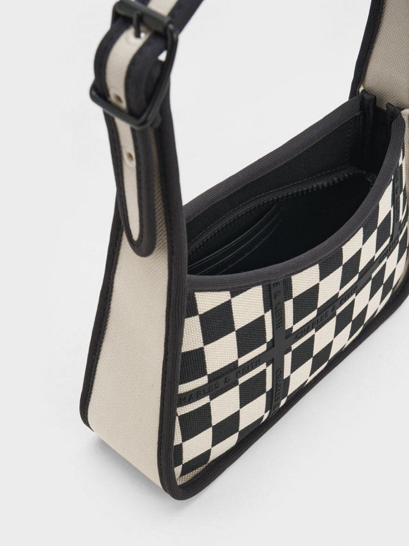 Charles And Keith Avenue Checkered Trapeze Shoulder Bags Black | PHILIPPINES Q209