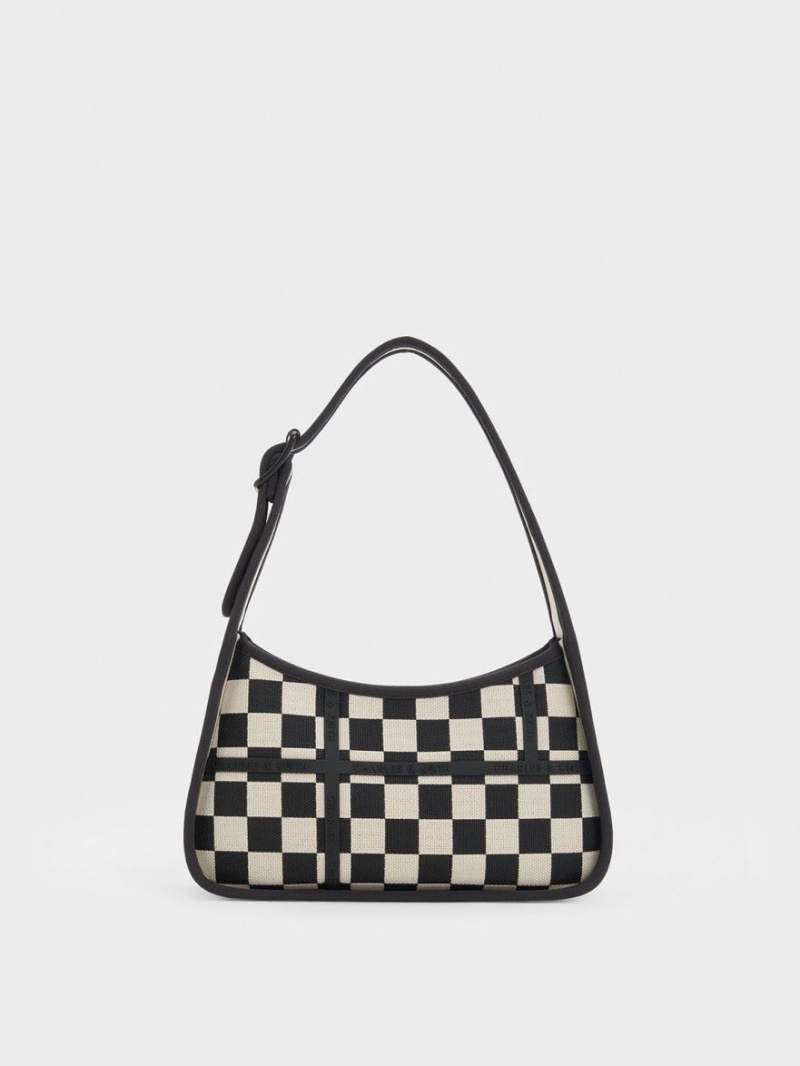 Charles And Keith Avenue Checkered Trapeze Shoulder Bags Black | PHILIPPINES Q209