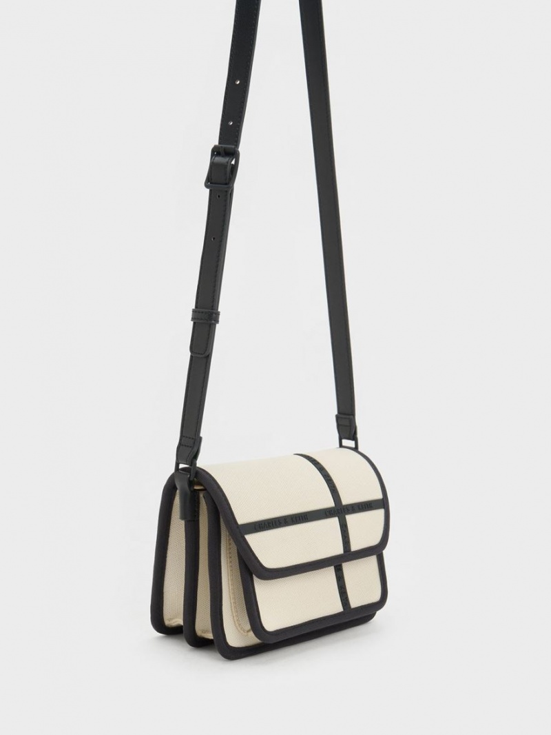 Charles And Keith Avenue Contrast-Trim Crossbody Bags Cream | PHILIPPINES I839