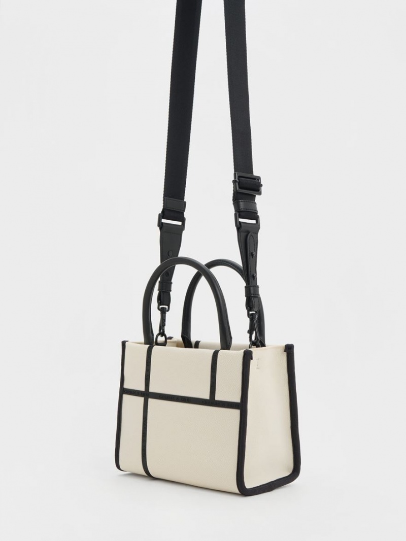 Charles And Keith Avenue Contrast-Trim Tote Bags Cream | PHILIPPINES C824