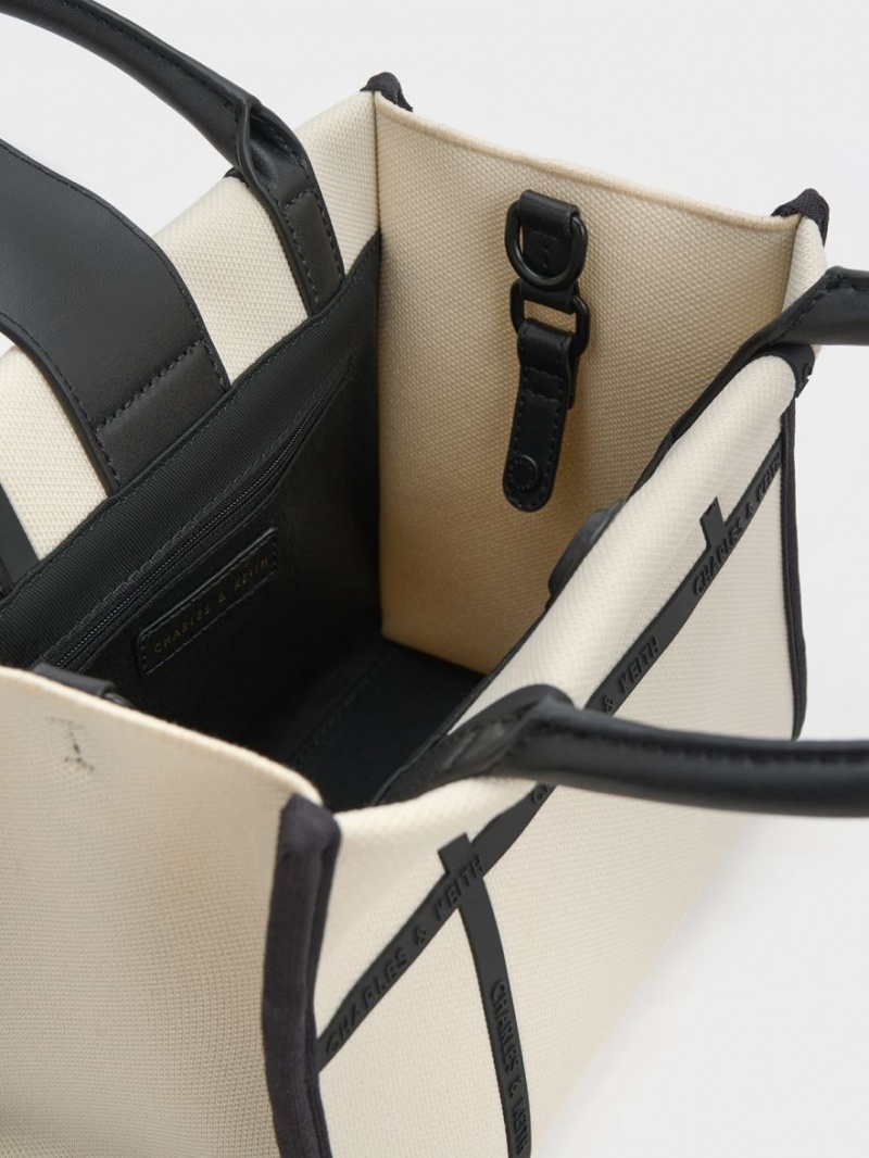 Charles And Keith Avenue Contrast-Trim Tote Bags Cream | PHILIPPINES C824