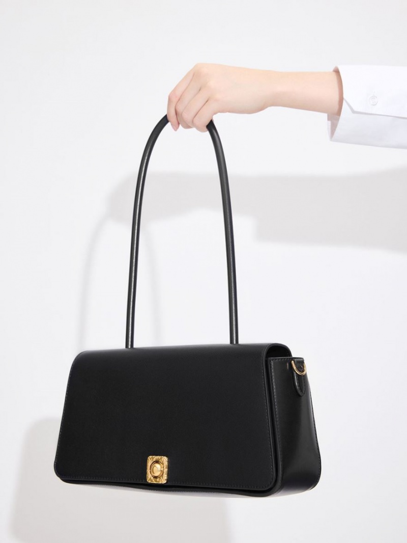 Charles And Keith Avis Elongated Handle Trapeze Shoulder Bags Black | PHILIPPINES V956