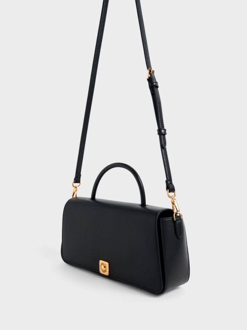 Charles And Keith Avis Elongated Handle Trapeze Shoulder Bags Black | PHILIPPINES V956