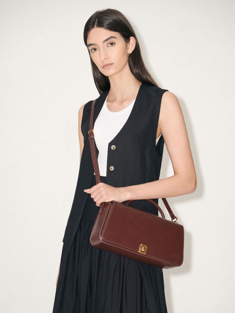 Charles And Keith Avis Elongated Handle Trapeze Shoulder Bags Chocolate | PHILIPPINES X437