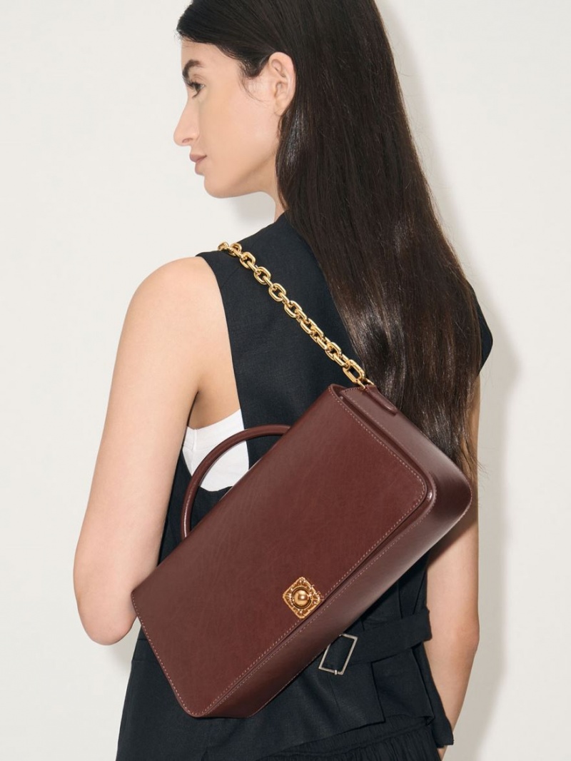 Charles And Keith Avis Elongated Handle Trapeze Shoulder Bags Chocolate | PHILIPPINES X437