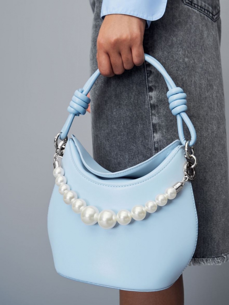 Charles And Keith Bead-Embellished Knotted Handbag Light Blue | PHILIPPINES V481