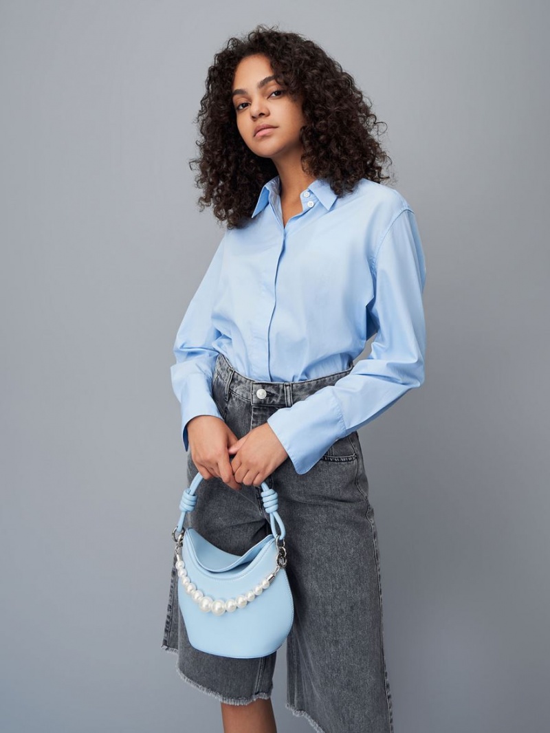 Charles And Keith Bead-Embellished Knotted Handbag Light Blue | PHILIPPINES V481