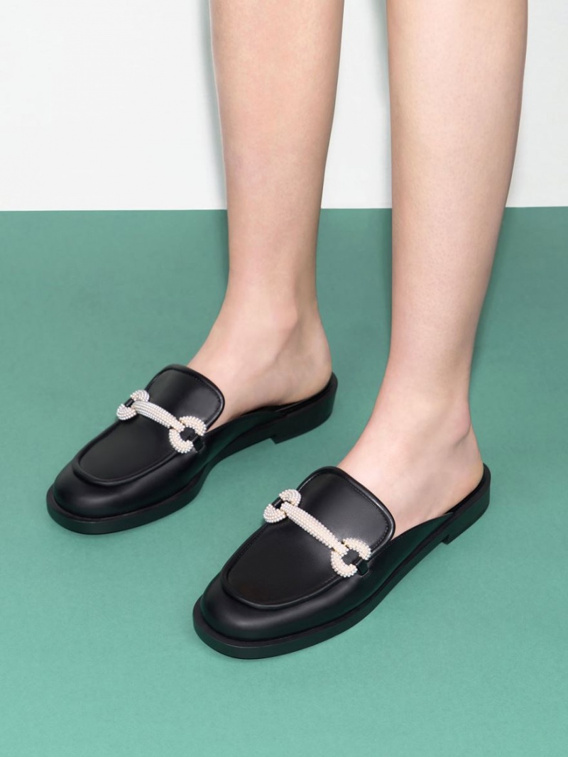 Charles And Keith Beaded Accent Loafer Mules Black | PHILIPPINES Z853