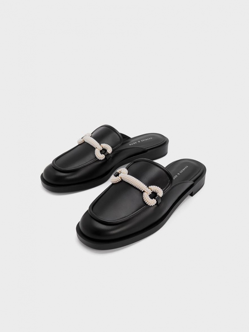 Charles And Keith Beaded Accent Loafer Mules Black | PHILIPPINES Z853