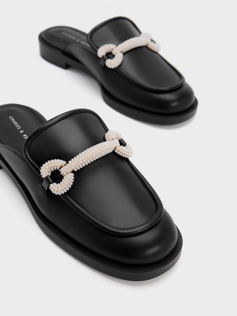 Charles And Keith Beaded Accent Loafer Mules Black | PHILIPPINES Z853