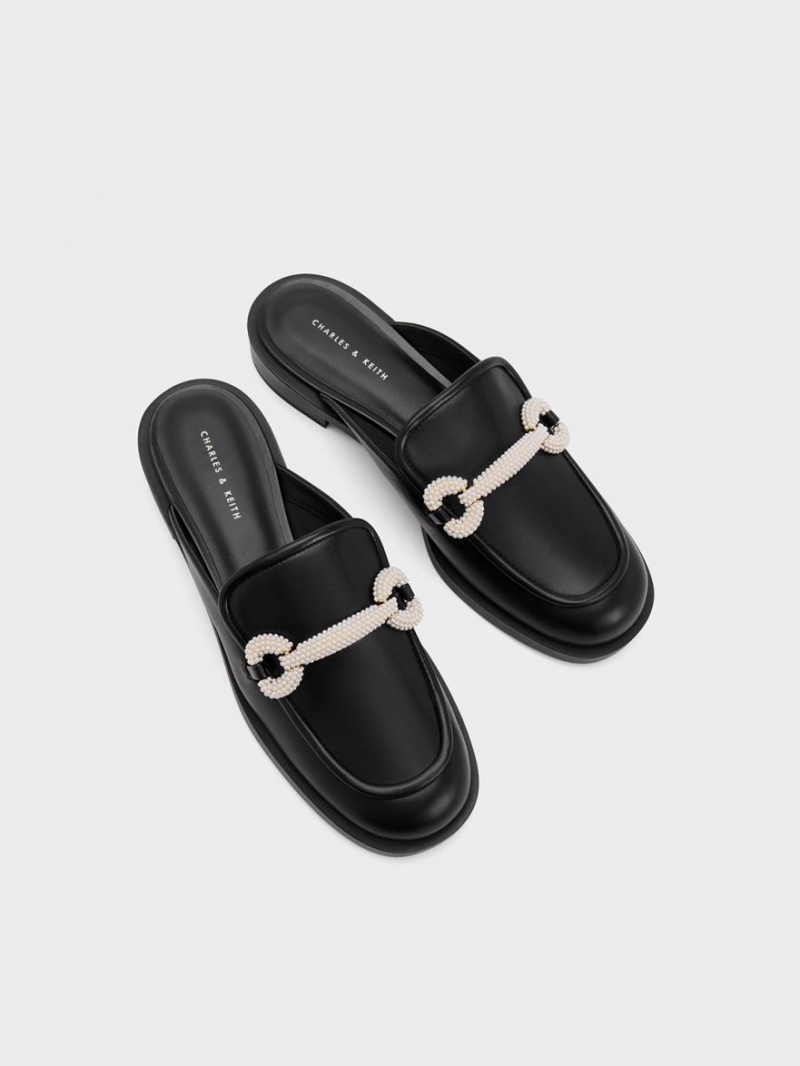 Charles And Keith Beaded Accent Loafer Mules Black | PHILIPPINES Z853