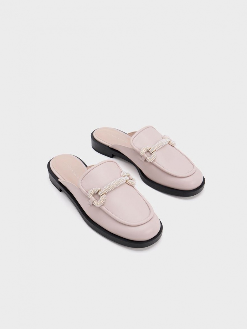 Charles And Keith Beaded Accent Loafer Mules Pink | PHILIPPINES P965