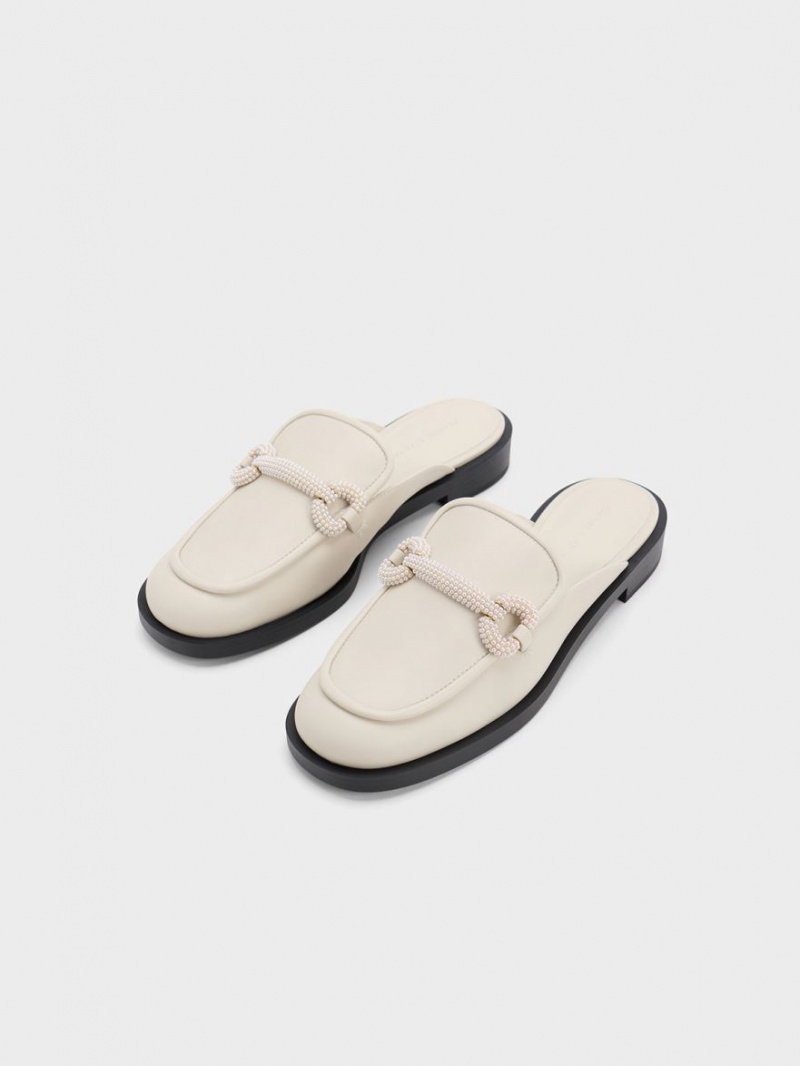 Charles And Keith Beaded Accent Loafer Mules White | PHILIPPINES L790