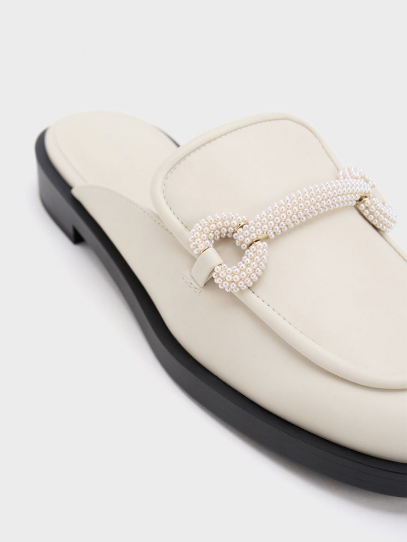 Charles And Keith Beaded Accent Loafer Mules White | PHILIPPINES L790