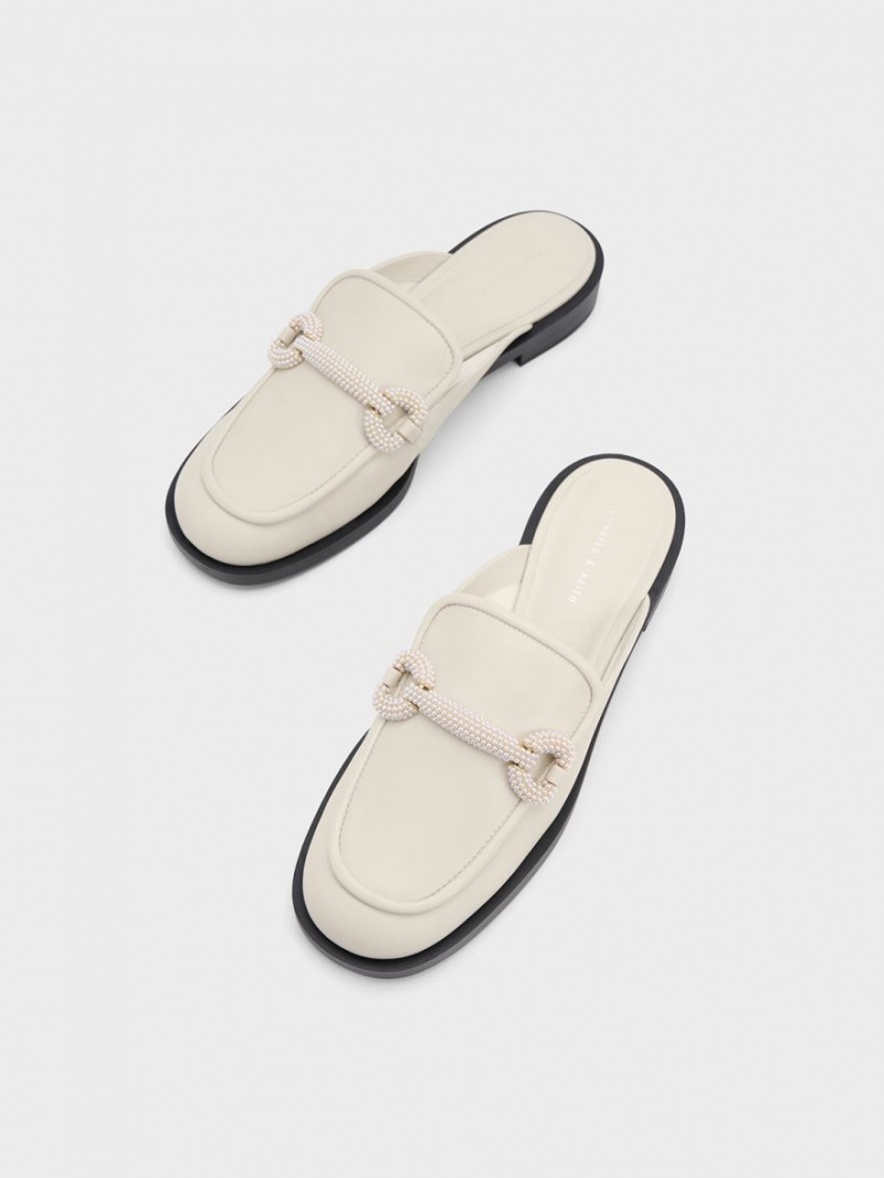 Charles And Keith Beaded Accent Loafer Mules White | PHILIPPINES L790