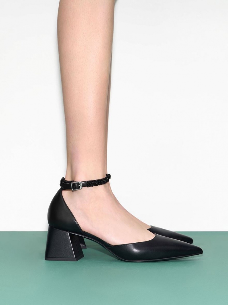 Charles And Keith Beaded Ankle-Strap D'Orsay Pumps Black | PHILIPPINES Z861