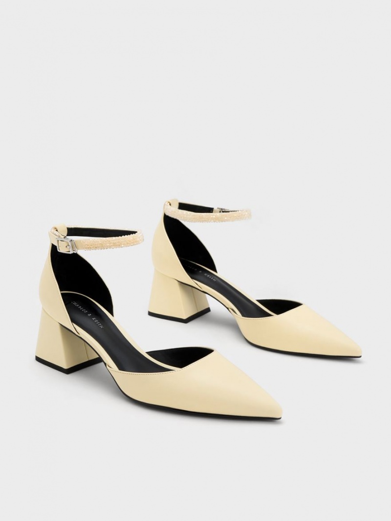 Charles And Keith Beaded Ankle-Strap D'Orsay Pumps Yellow | PHILIPPINES L910