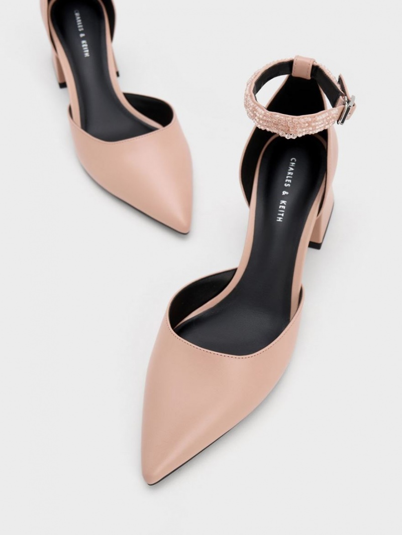 Charles And Keith Beaded Ankle-Strap D'Orsay Pumps Beige | PHILIPPINES A659