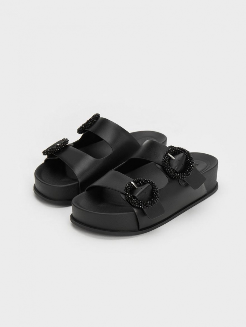 Charles And Keith Beaded Circle Slide Sandals Black | PHILIPPINES G283