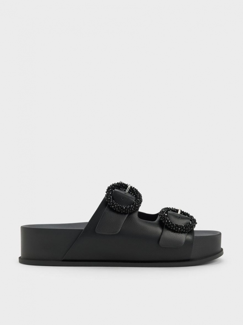 Charles And Keith Beaded Circle Slide Sandals Black | PHILIPPINES G283