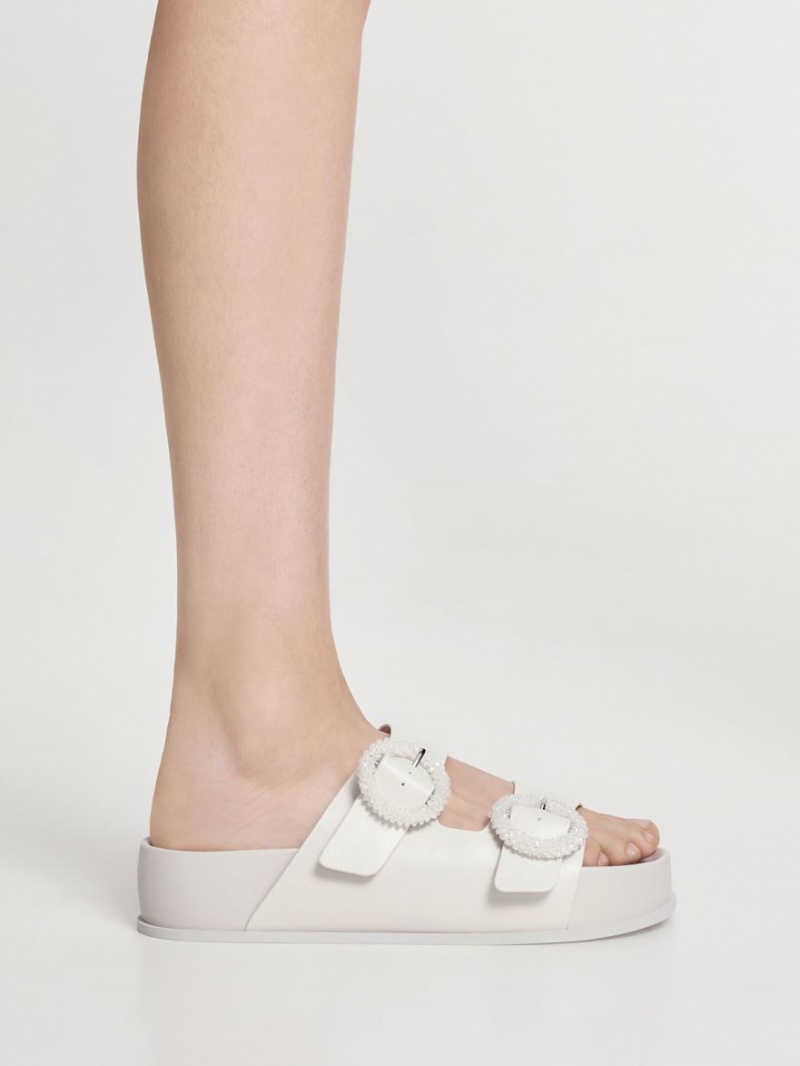 Charles And Keith Beaded Circle Slide Sandals White | PHILIPPINES M534