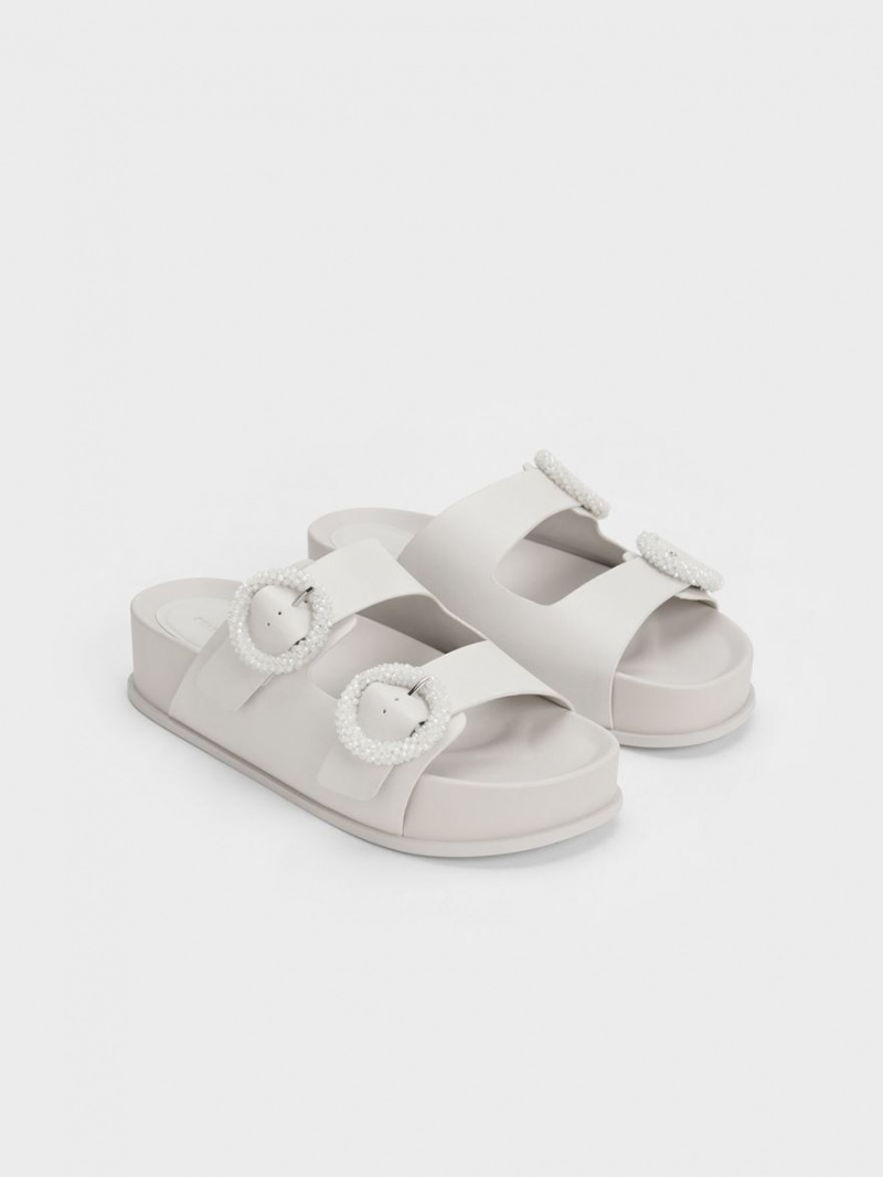 Charles And Keith Beaded Circle Slide Sandals White | PHILIPPINES M534