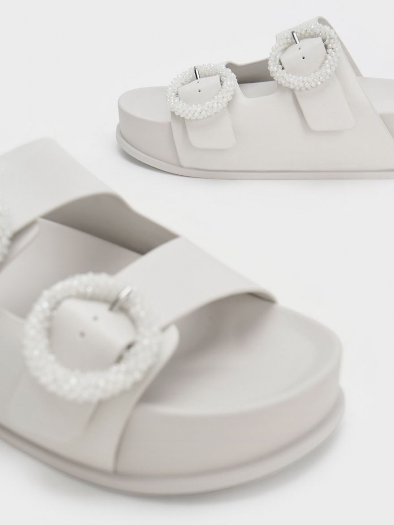 Charles And Keith Beaded Circle Slide Sandals White | PHILIPPINES M534