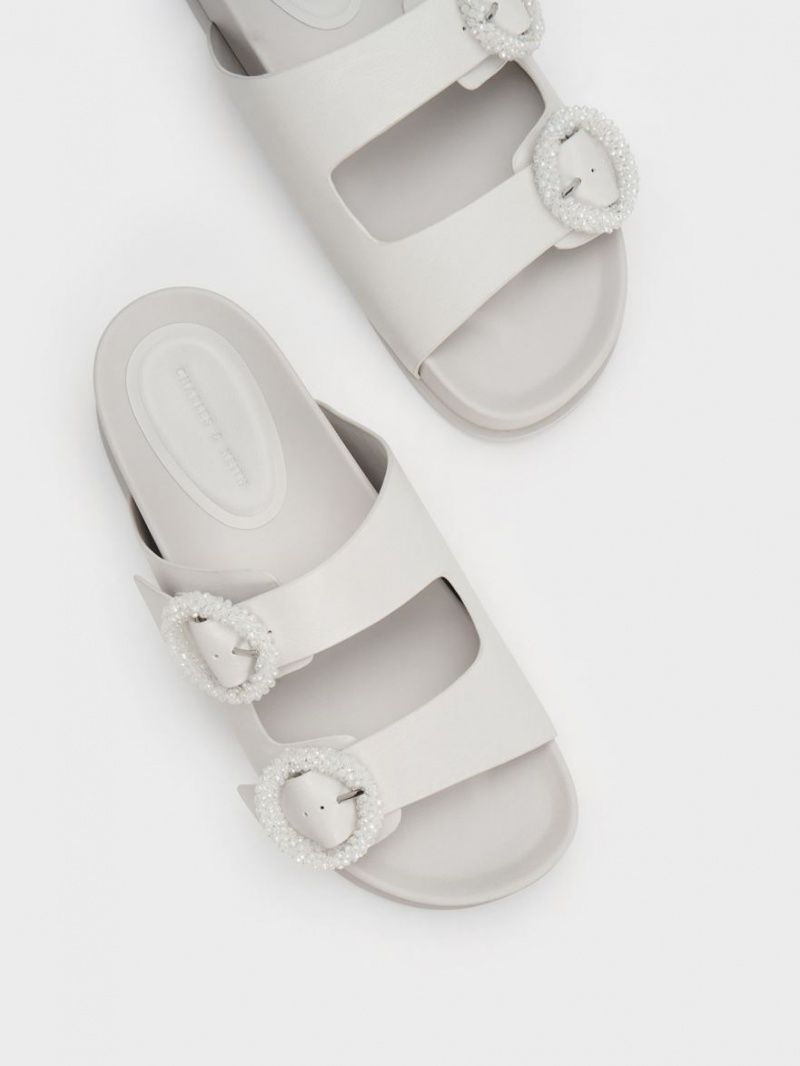 Charles And Keith Beaded Circle Slide Sandals White | PHILIPPINES M534