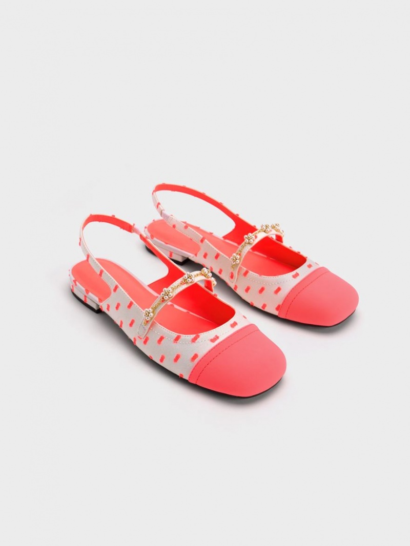 Charles And Keith Beaded Flower Printed Slingback Flat Shoes Coral | PHILIPPINES B594