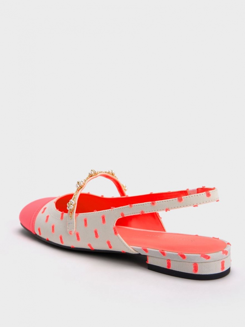 Charles And Keith Beaded Flower Printed Slingback Flat Shoes Coral | PHILIPPINES B594