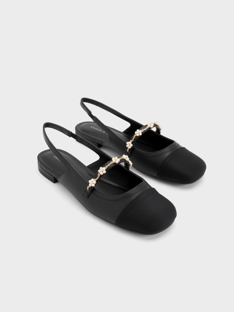 Charles And Keith Beaded Flower Slingback Flat Shoes Black | PHILIPPINES T510