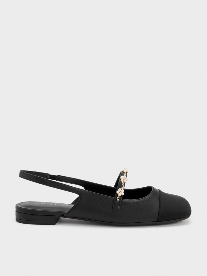 Charles And Keith Beaded Flower Slingback Flat Shoes Black | PHILIPPINES T510