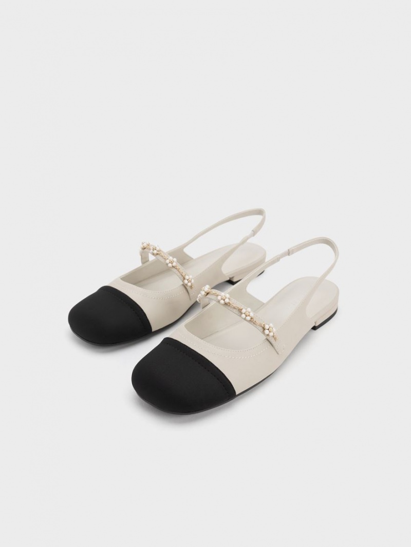 Charles And Keith Beaded Flower Slingback Flat Shoes White | PHILIPPINES H856