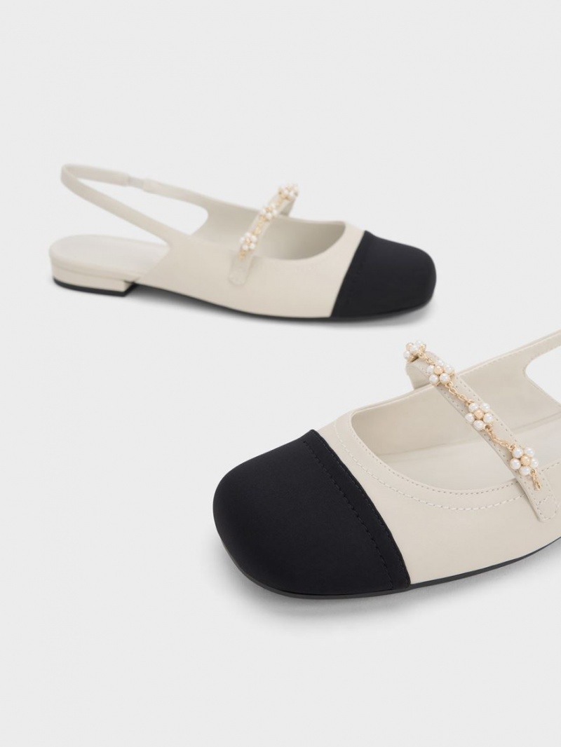 Charles And Keith Beaded Flower Slingback Flat Shoes White | PHILIPPINES H856