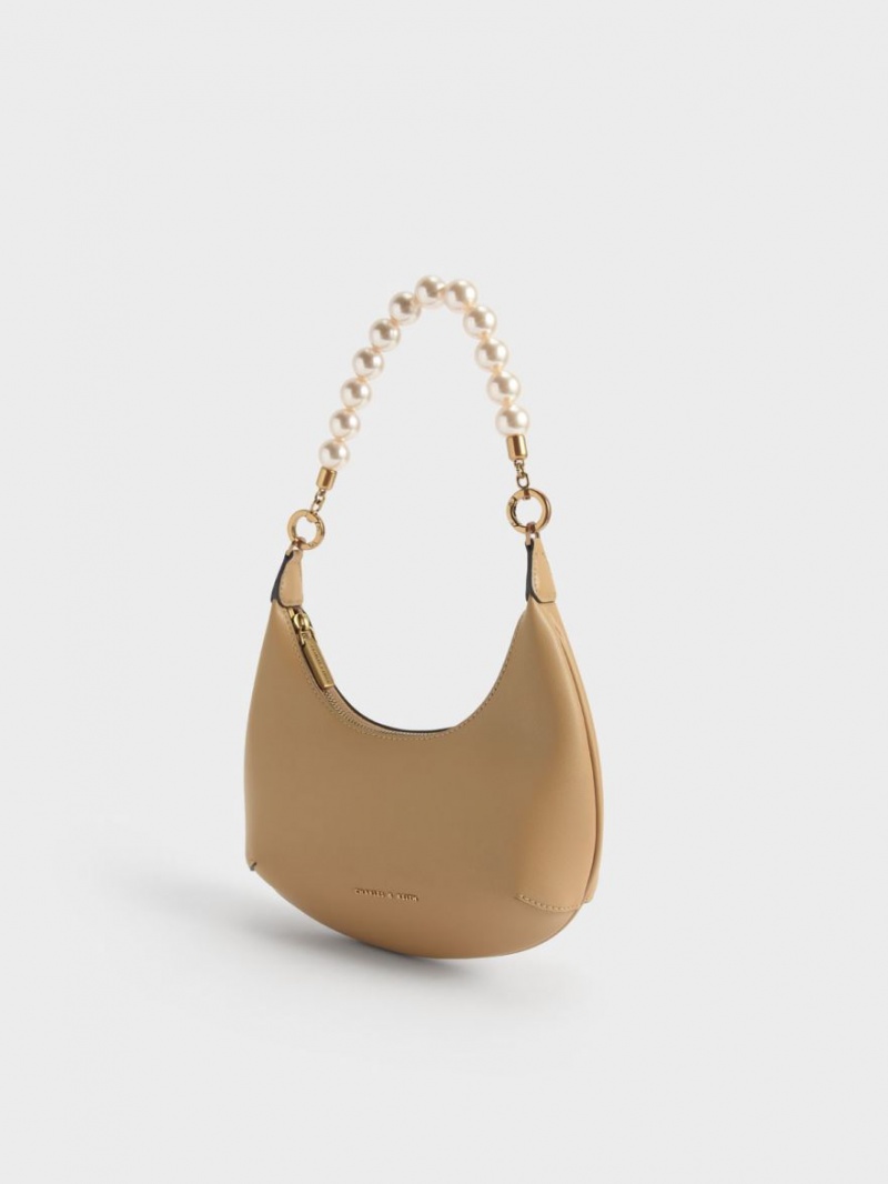 Charles And Keith Beaded Handle Hobo Bag Beige | PHILIPPINES U587