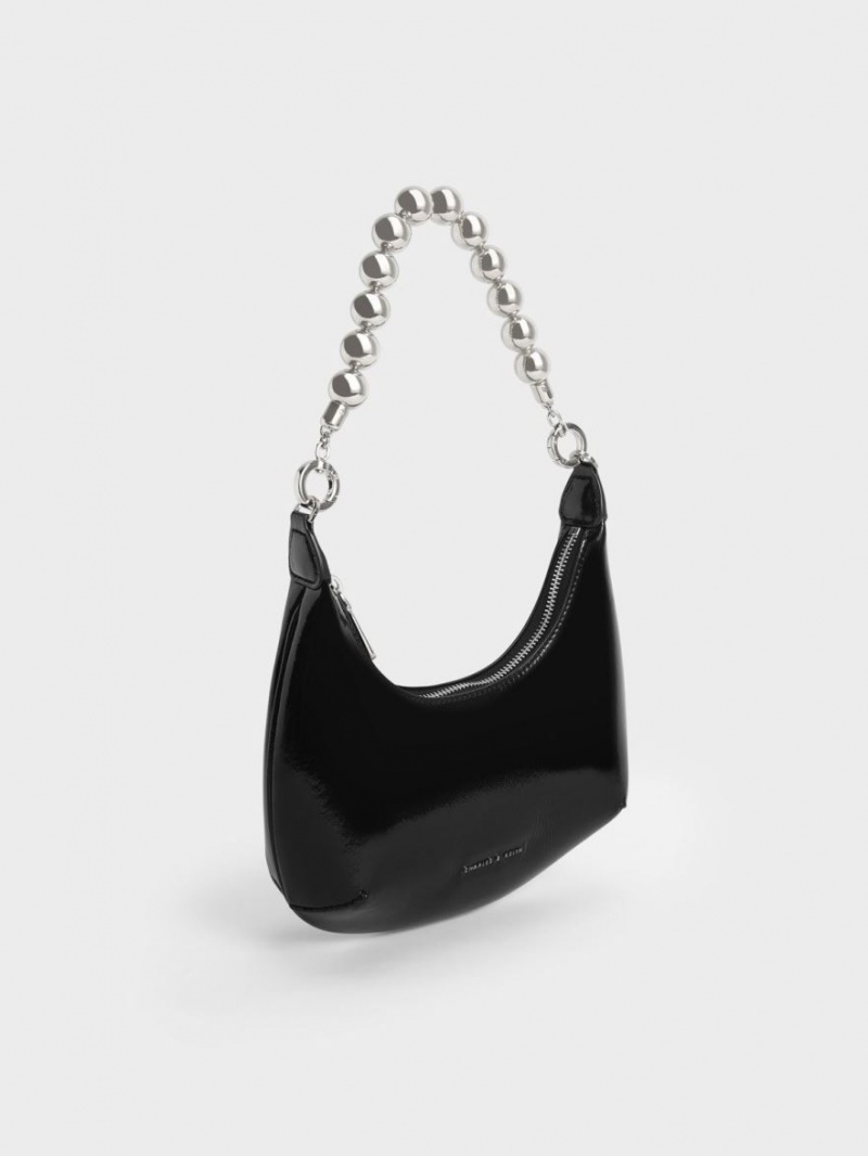 Charles And Keith Beaded Handle Patent Hobo Bag Black | PHILIPPINES L197