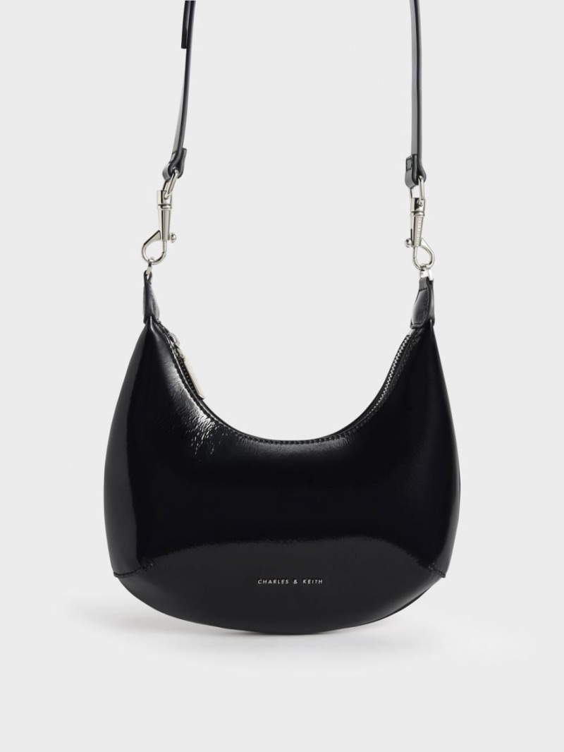 Charles And Keith Beaded Handle Patent Hobo Bag Black | PHILIPPINES L197