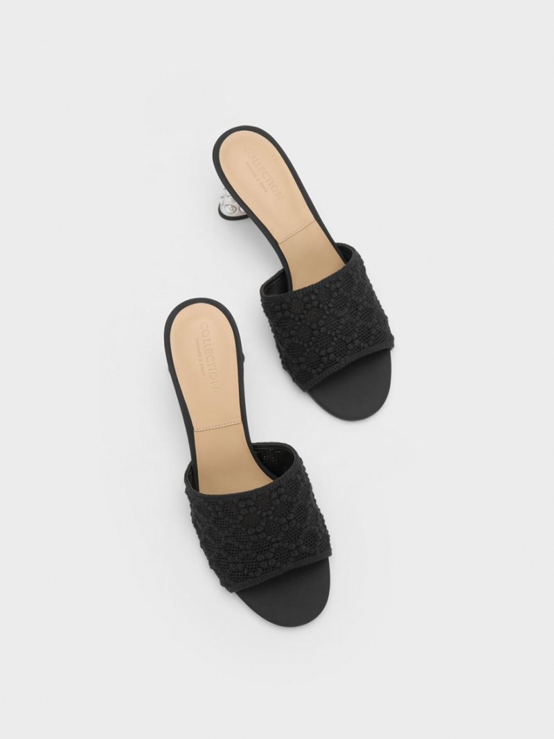 Charles And Keith Beaded Heel Crochet Mules Black | PHILIPPINES N829