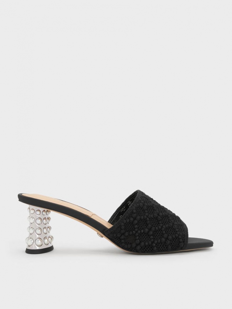 Charles And Keith Beaded Heel Crochet Mules Black | PHILIPPINES N829