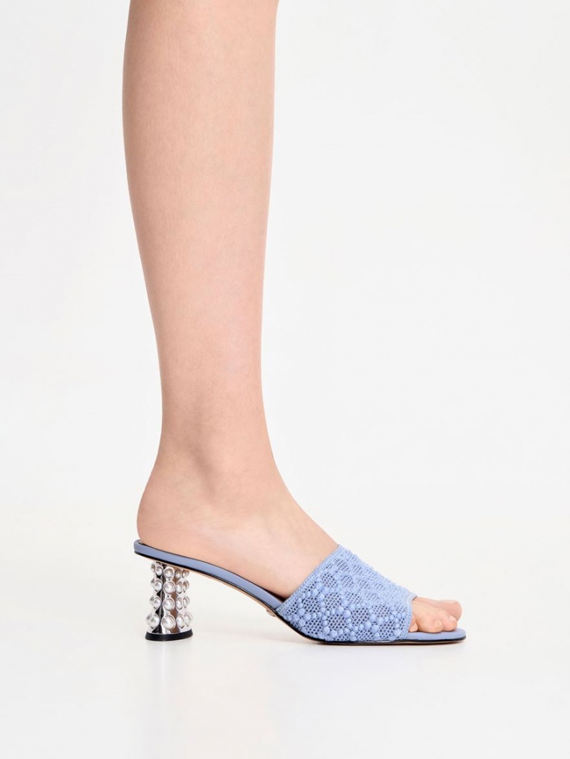 Charles And Keith Beaded Heel Crochet Mules Blue | PHILIPPINES E420