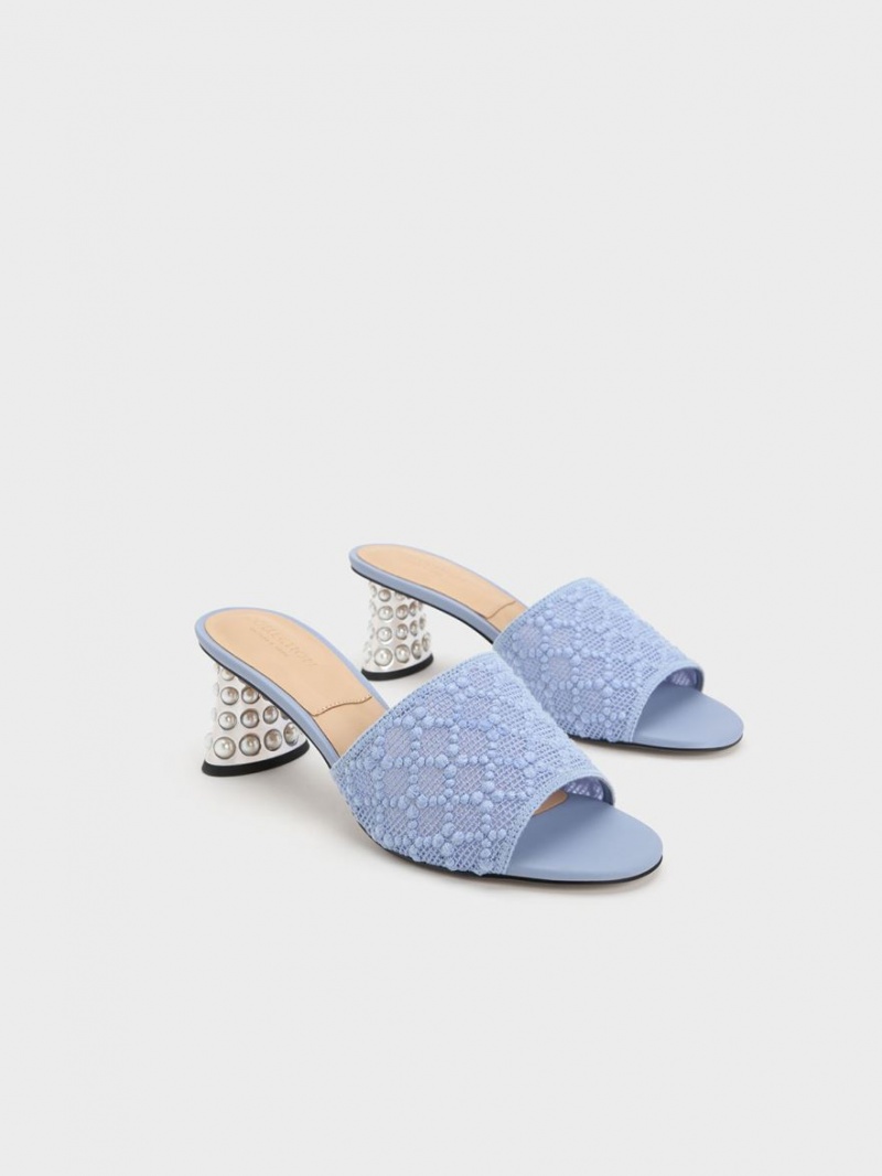 Charles And Keith Beaded Heel Crochet Mules Blue | PHILIPPINES E420