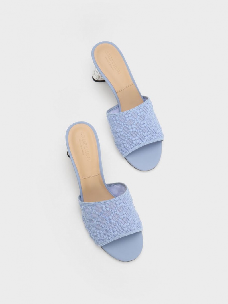 Charles And Keith Beaded Heel Crochet Mules Blue | PHILIPPINES E420