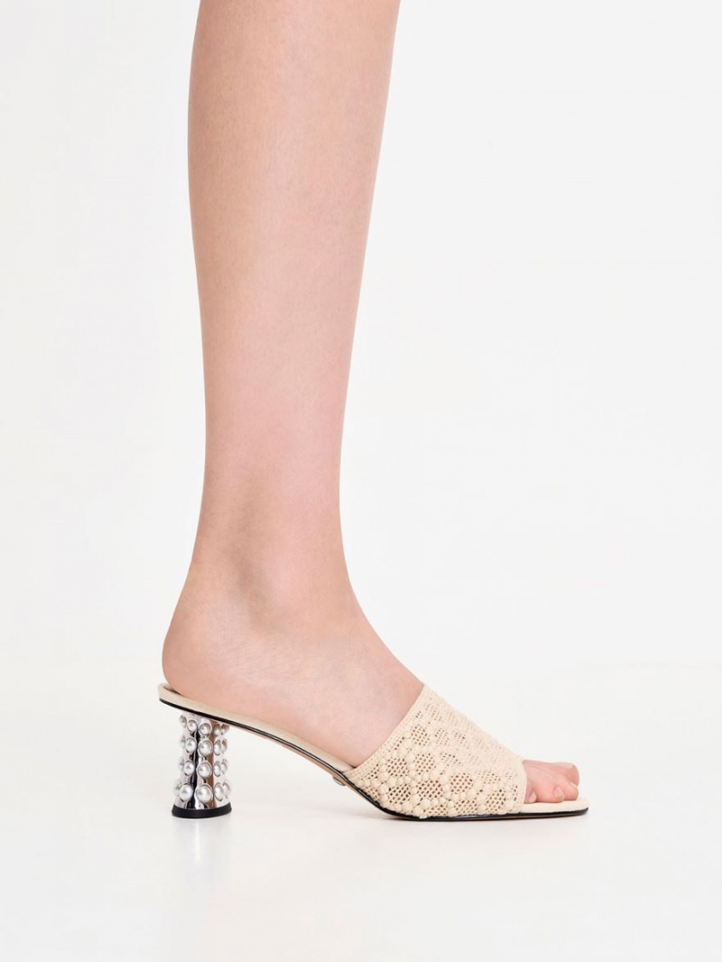 Charles And Keith Beaded Heel Crochet Mules Cream | PHILIPPINES N534