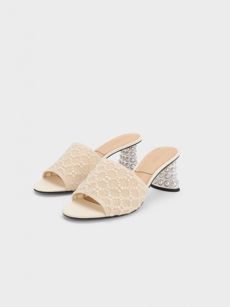 Charles And Keith Beaded Heel Crochet Mules Cream | PHILIPPINES N534