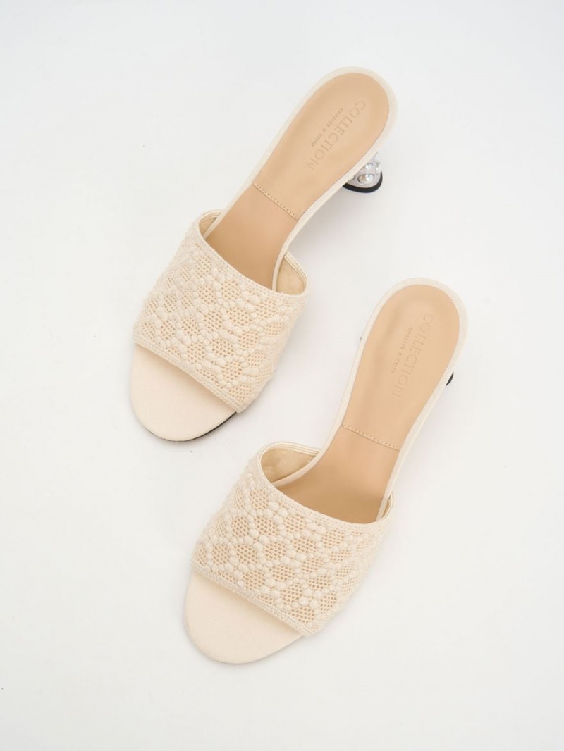 Charles And Keith Beaded Heel Crochet Mules Cream | PHILIPPINES N534