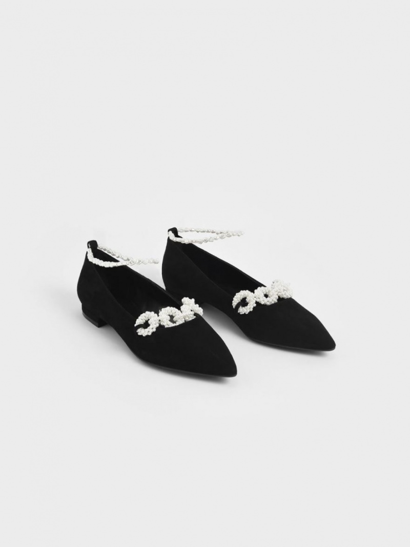 Charles And Keith Beaded Mary Jane Flat Shoes Black | PHILIPPINES O143