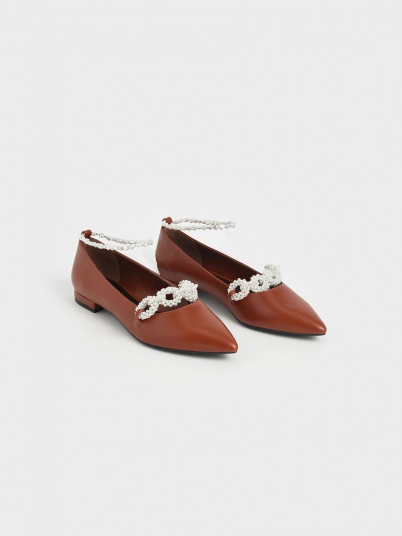 Charles And Keith Beaded Mary Jane Flat Shoes Brown | PHILIPPINES W603