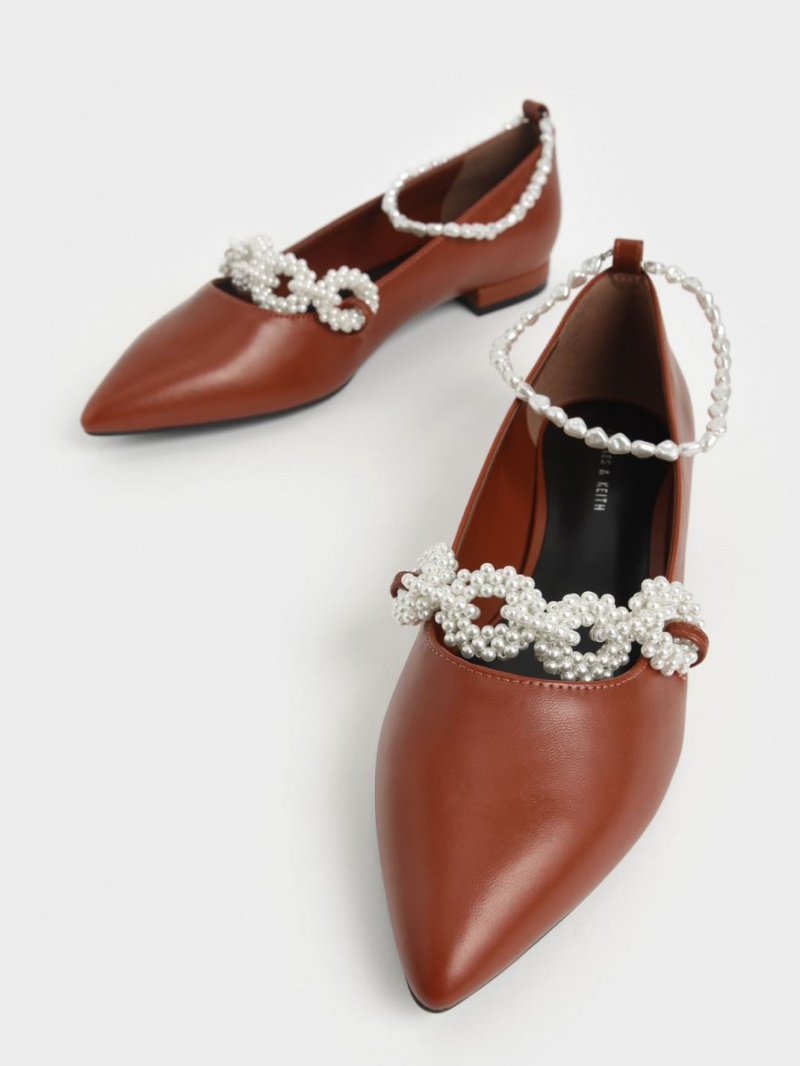 Charles And Keith Beaded Mary Jane Flat Shoes Brown | PHILIPPINES W603